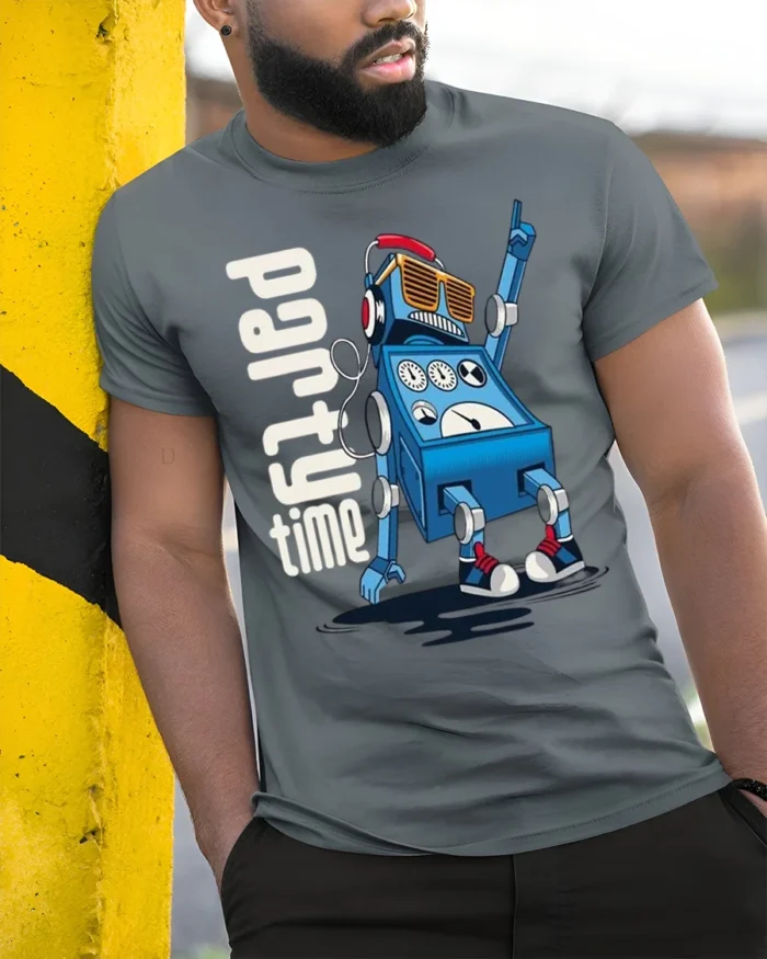 Party Time Robot T-Shirt for Fun Dance Tech Fans - model in grey shirt leaning against column