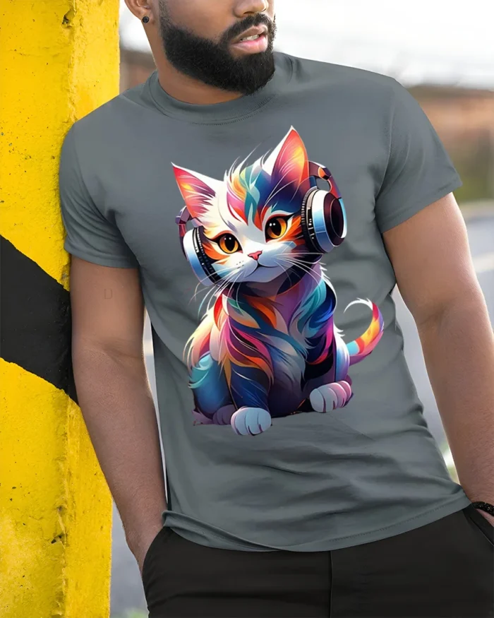 Colorful DJ Cat Headphones Graphic T-Shirt - model in grey shirt leaning against column