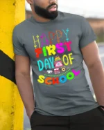 Happy First Day of School T-Shirt for Kids Teachers - model in grey shirt leaning against column