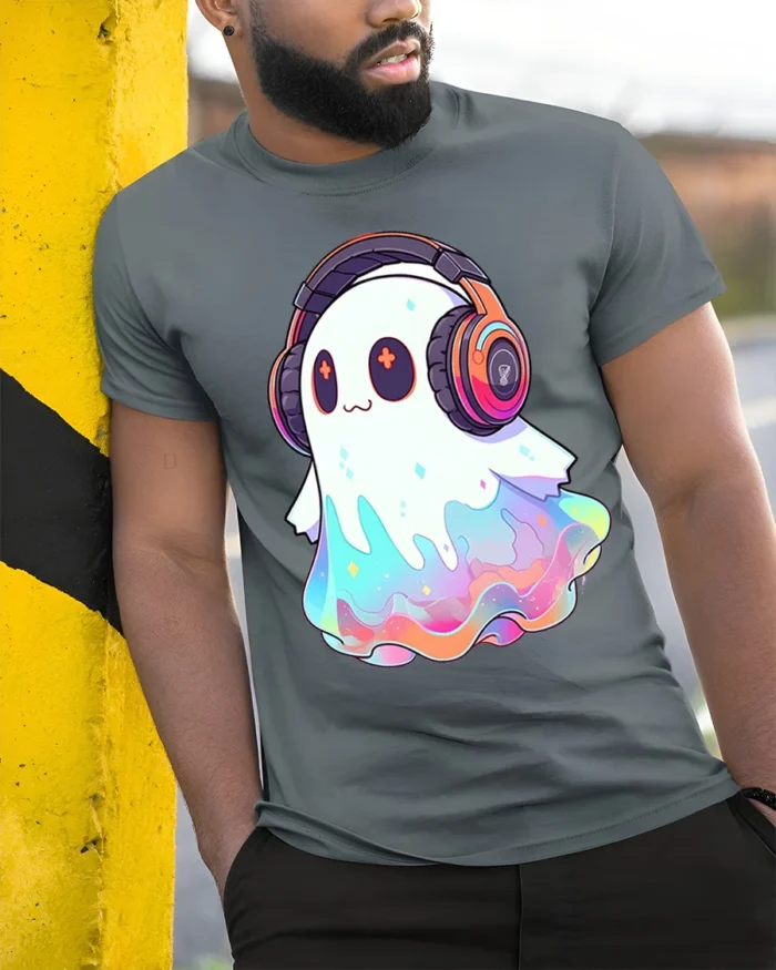 Kawaii DJ Ghost Headphones Halloween T-Shirt - model in grey shirt leaning against column