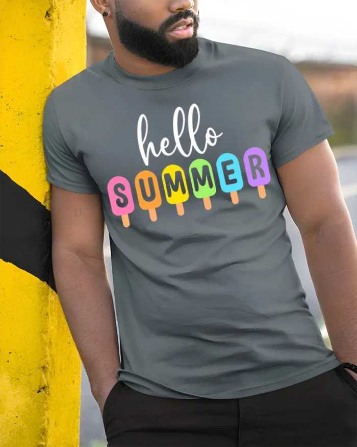 Hello Summer Colorful Popsicle Graphic T-Shirt - model in grey shirt leaning against column