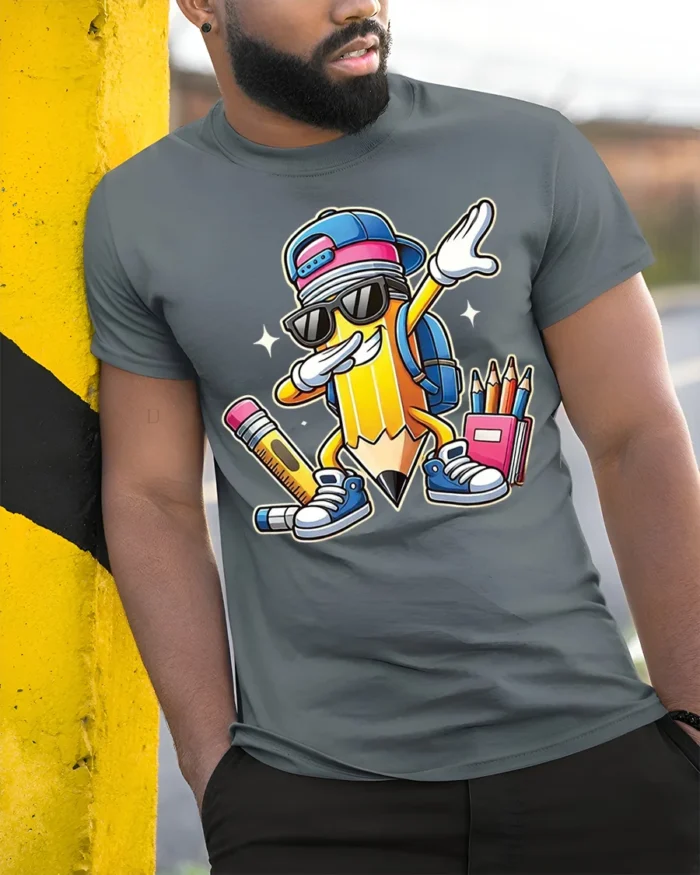 Cool Dabbing Pencil Back to School T-Shirt Kids - model in grey shirt leaning against column