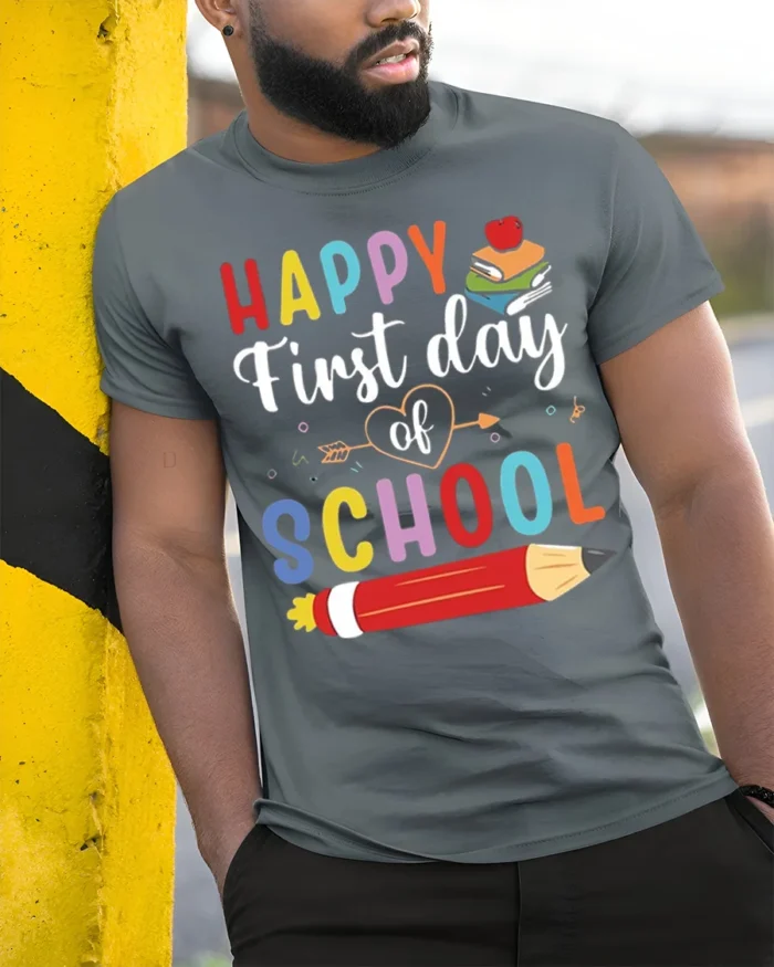 Happy First Day of School Colorful Kids T-Shirt - model in grey shirt leaning against column
