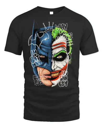 Split Face Batman Joker T-Shirt Hero vs Villain - black t-shirt on white background