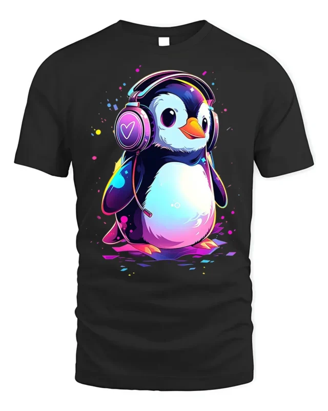 Cute Penguin Headphones Music Lover T-shirt - black t-shirt on white background