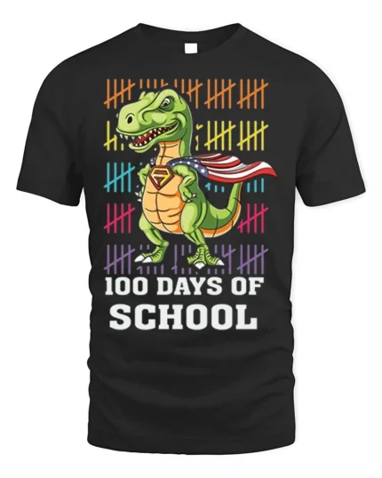 100 Days of School Dinosaur Superhero T-Shirt - black t-shirt on white background