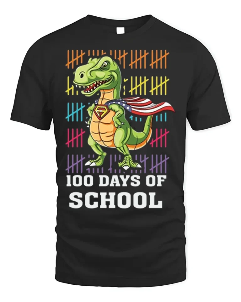 100 Days of School Dinosaur Superhero T-Shirt - black t-shirt on white background