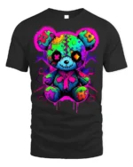 Neon Patchwork Bear T-Shirt for Streetwear Fans - black t-shirt on white background