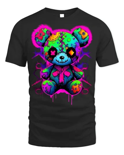 Neon Patchwork Bear T-Shirt for Streetwear Fans - black t-shirt on white background