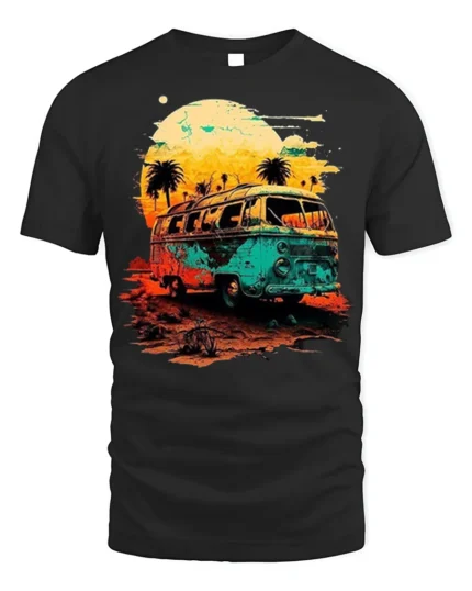 Retro Sunset Van T-Shirt Vintage Travel Vibes Tee - black t-shirt on white background