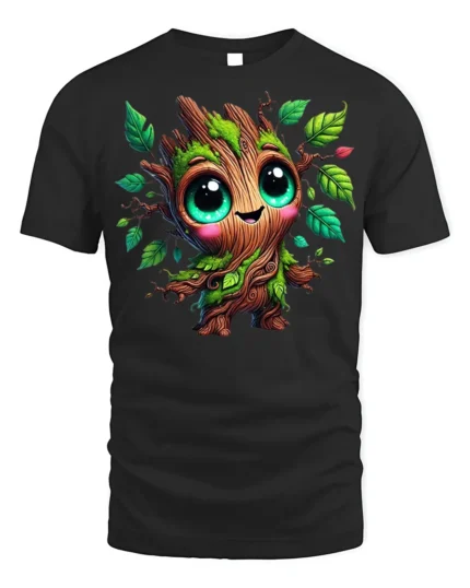 Cute Tree Sprout Character T-Shirt Soft Cotton - black t-shirt on white background