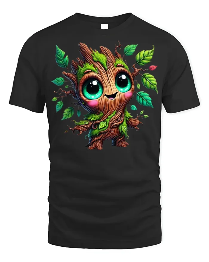 Cute Tree Sprout Character T-Shirt Soft Cotton - black t-shirt on white background