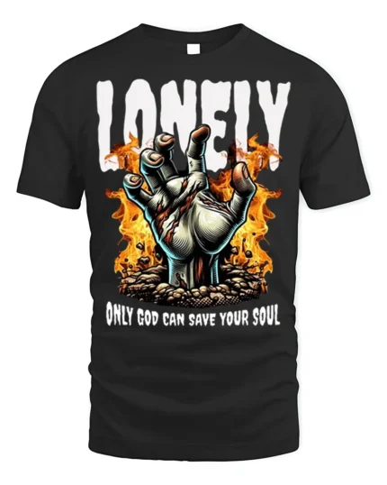Lonely God Save Your Soul T-Shirt Gothic Flame Art - black t-shirt on white background