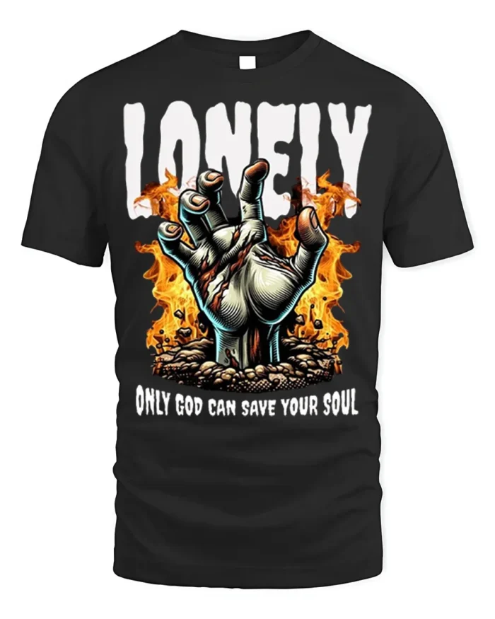 Lonely God Save Your Soul T-Shirt Gothic Flame Art - black t-shirt on white background