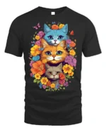 Colorful Floral Cat Trio T-Shirt Soft Cotton Tee - black t-shirt on white background