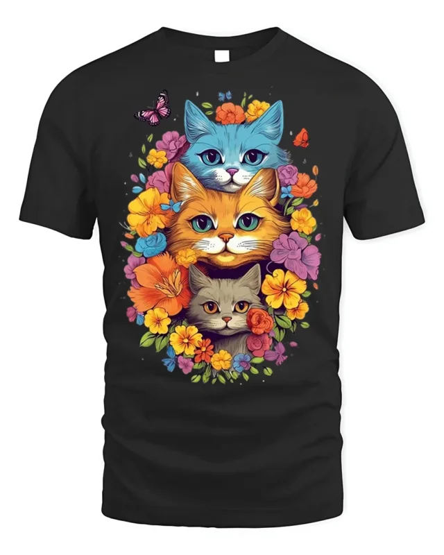 Colorful Floral Cat Trio T-Shirt Soft Cotton Tee - black t-shirt on white background