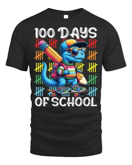 100 Days of School Dinosaur Skateboard T-shirt - black t-shirt on white background