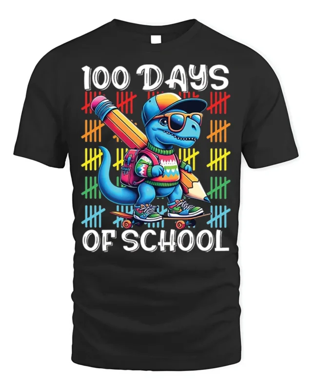 100 Days of School Dinosaur Skateboard T-shirt - black t-shirt on white background