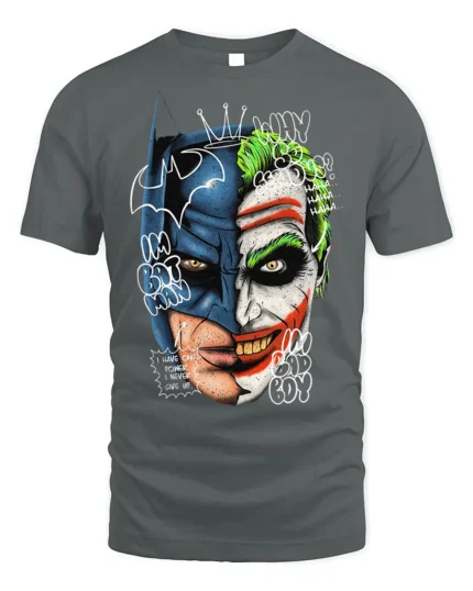 Split Face Batman Joker T-Shirt Hero vs Villain - gray t-shirt on white background