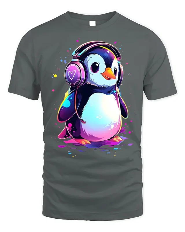 Cute Penguin Headphones Music Lover T-shirt - gray t-shirt on white background