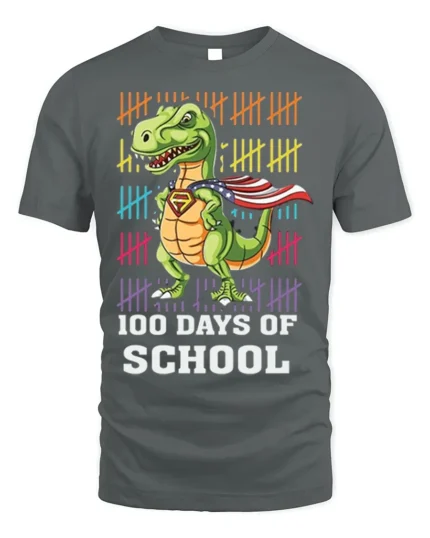 100 Days of School Dinosaur Superhero T-Shirt - gray t-shirt on white background
