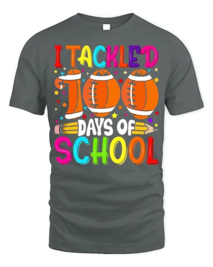 I Tackled 100 Days of School Football T-Shirt - gray t-shirt on white background