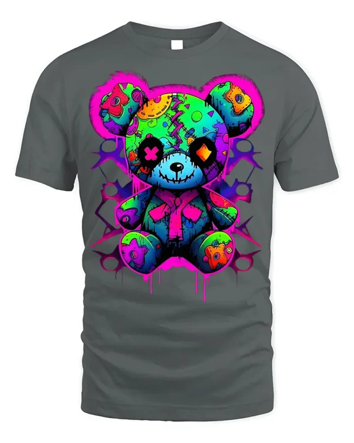 Neon Patchwork Bear T-Shirt for Streetwear Fans - gray t-shirt on white background