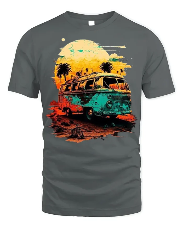Retro Sunset Van T-Shirt Vintage Travel Vibes Tee - gray t-shirt on white background