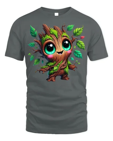 Cute Tree Sprout Character T-Shirt Soft Cotton - gray t-shirt on white background