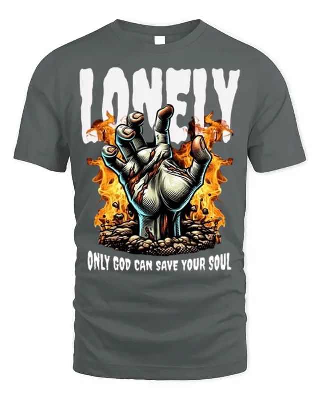 Lonely God Save Your Soul T-Shirt Gothic Flame Art - gray t-shirt on white background