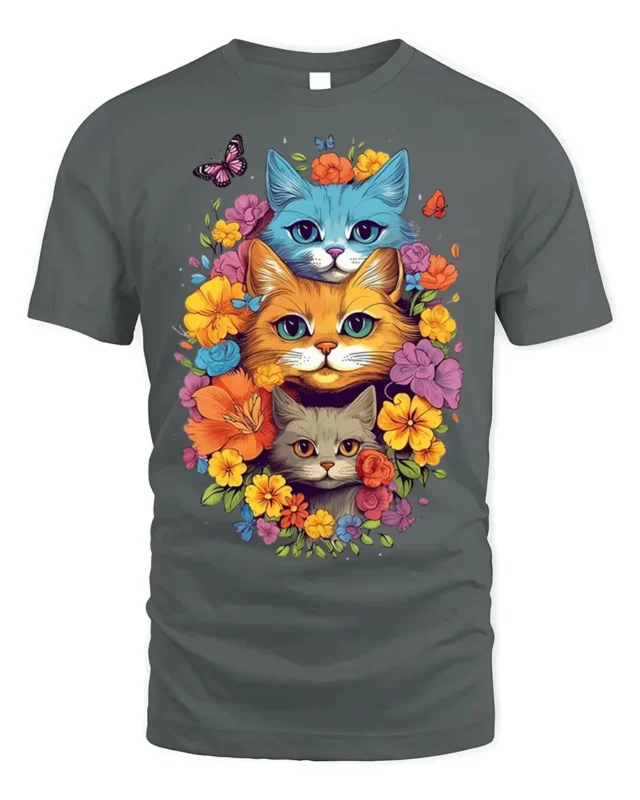 Colorful Floral Cat Trio T-Shirt Soft Cotton Tee - gray t-shirt on white background
