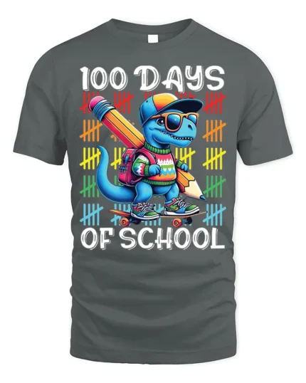 100 Days of School Dinosaur Skateboard T-shirt - gray t-shirt on white background