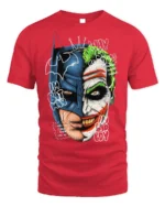 Split Face Batman Joker T-Shirt Hero vs Villain - red t-shirt on white background