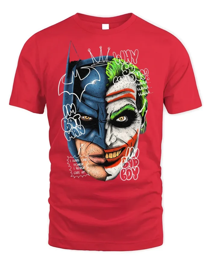 Split Face Batman Joker T-Shirt Hero vs Villain - red t-shirt on white background