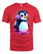 Cute Penguin Headphones Music Lover T-shirt - red t-shirt on white background