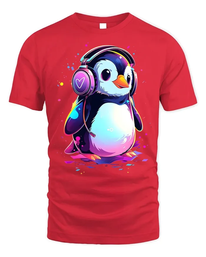 Cute Penguin Headphones Music Lover T-shirt - red t-shirt on white background