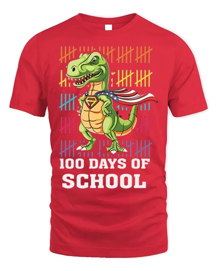 100 Days of School Dinosaur Superhero T-Shirt - red t-shirt on white background
