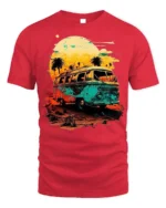 Retro Sunset Van T-Shirt Vintage Travel Vibes Tee - red t-shirt on white background
