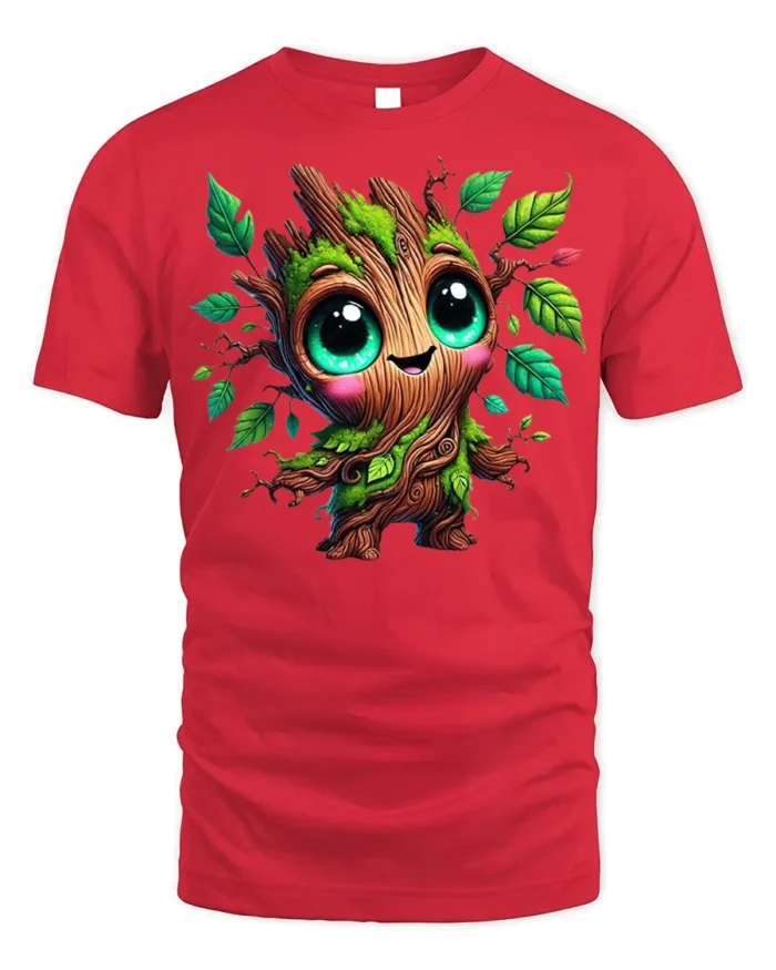 Cute Tree Sprout Character T-Shirt Soft Cotton - red t-shirt on white background