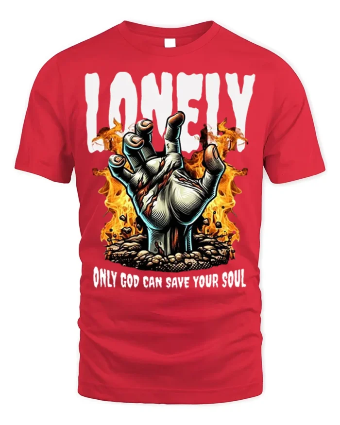 Lonely God Save Your Soul T-Shirt Gothic Flame Art - red t-shirt on white background