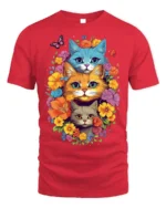 Colorful Floral Cat Trio T-Shirt Soft Cotton Tee - red t-shirt on white background