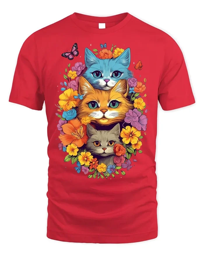 Colorful Floral Cat Trio T-Shirt Soft Cotton Tee - red t-shirt on white background