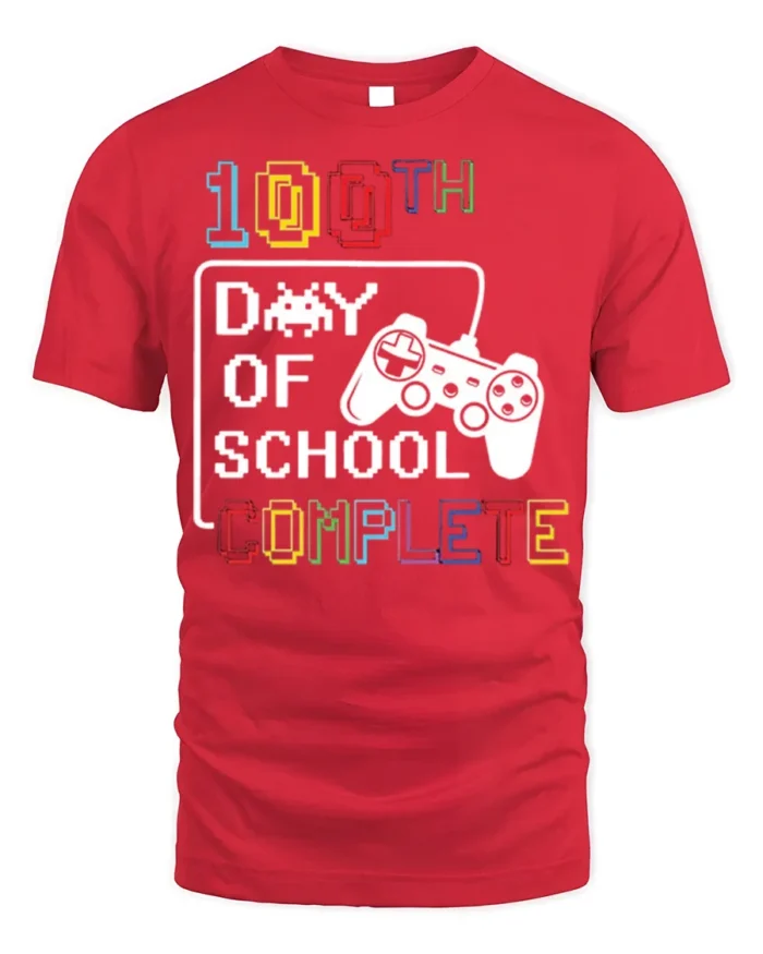 100th Day of School Complete Gamer T-Shirt Kids Fun - red t-shirt on white background