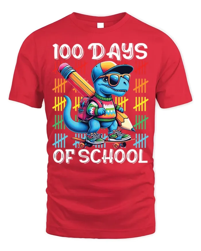 100 Days of School Dinosaur Skateboard T-shirt - red t-shirt on white background