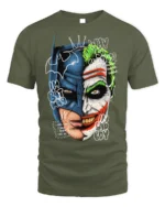 Split Face Batman Joker T-Shirt Hero vs Villain - military green t-shirt on white background