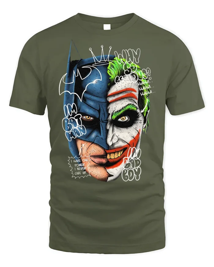 Split Face Batman Joker T-Shirt Hero vs Villain - military green t-shirt on white background