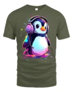 Cute Penguin Headphones Music Lover T-shirt - military green t-shirt on white background