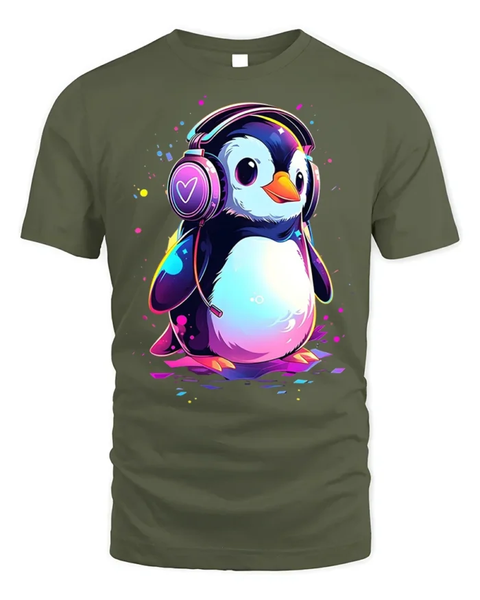 Cute Penguin Headphones Music Lover T-shirt - military green t-shirt on white background