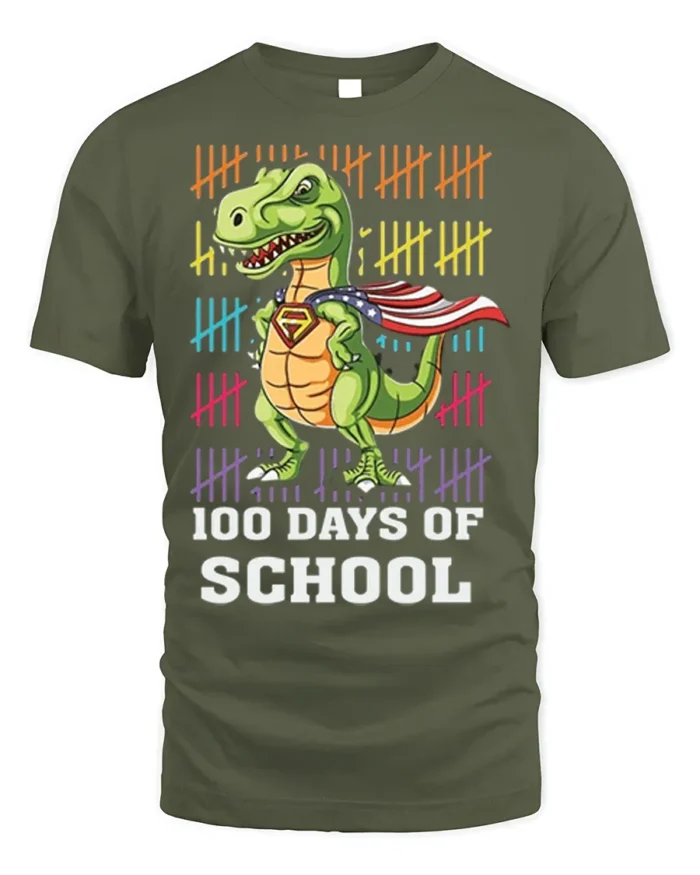100 Days of School Dinosaur Superhero T-Shirt - military green t-shirt on white background