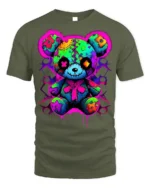Neon Patchwork Bear T-Shirt for Streetwear Fans - military green t-shirt on white background